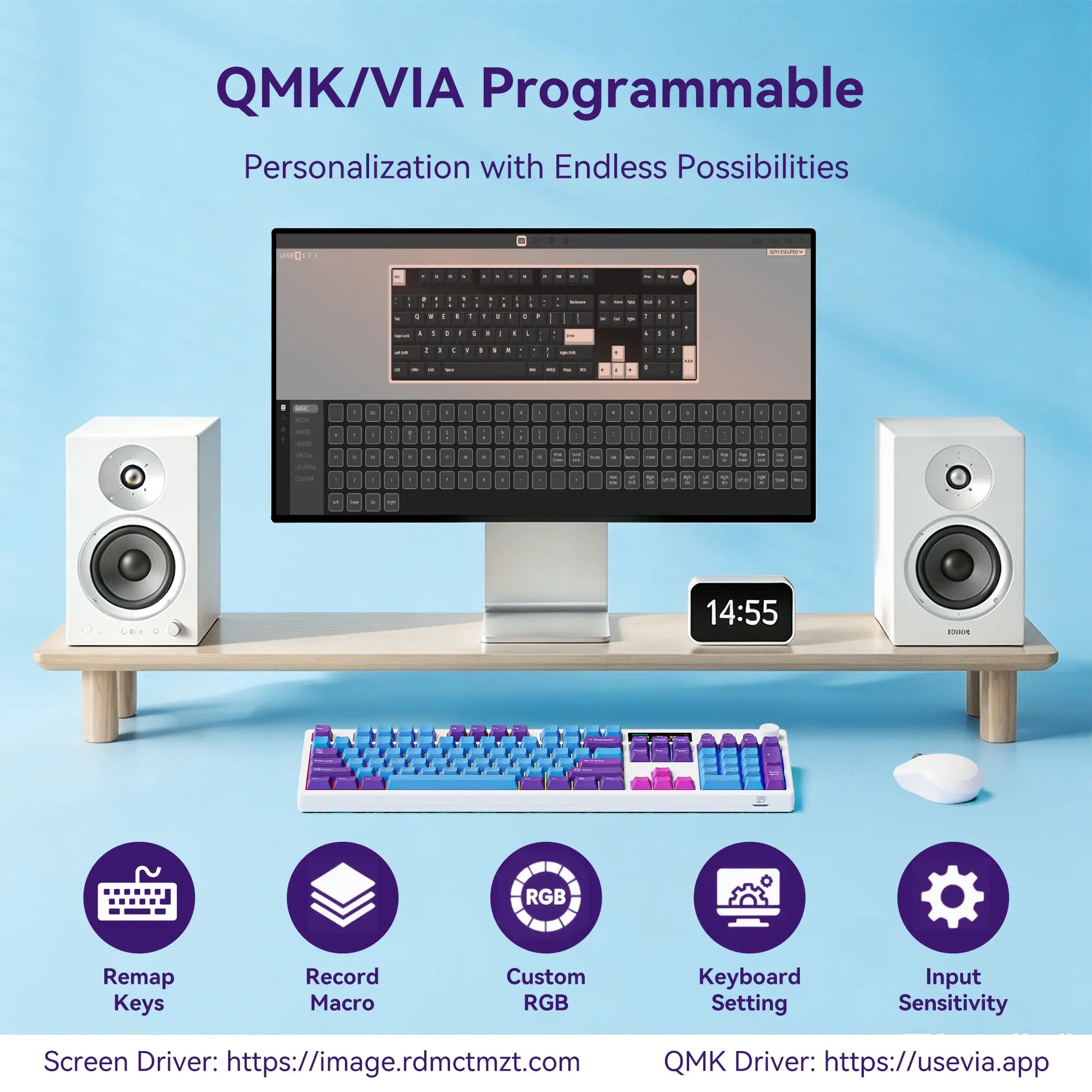 BOYI K104Pro Mechanical Keyboard with 2.2" Screen&Media Knob,Qmk/Via Custom Bt5.0/2.4Ghz/Type-C Gasket Mounted Hot Swap RGB Full Size Creamy Wireless Keyboard NKRO Gaming Keyboard