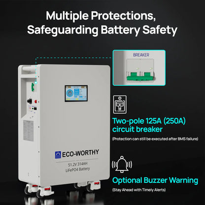 ECO-WORTHY 48V 314Ah Lifepo4 Lithium Battery with Lifepo4 Cells, 16.1Kwh High-Capacity Home Energy Storage, Equipped with Breakers and RS485/CAN/RS232 Interfaces