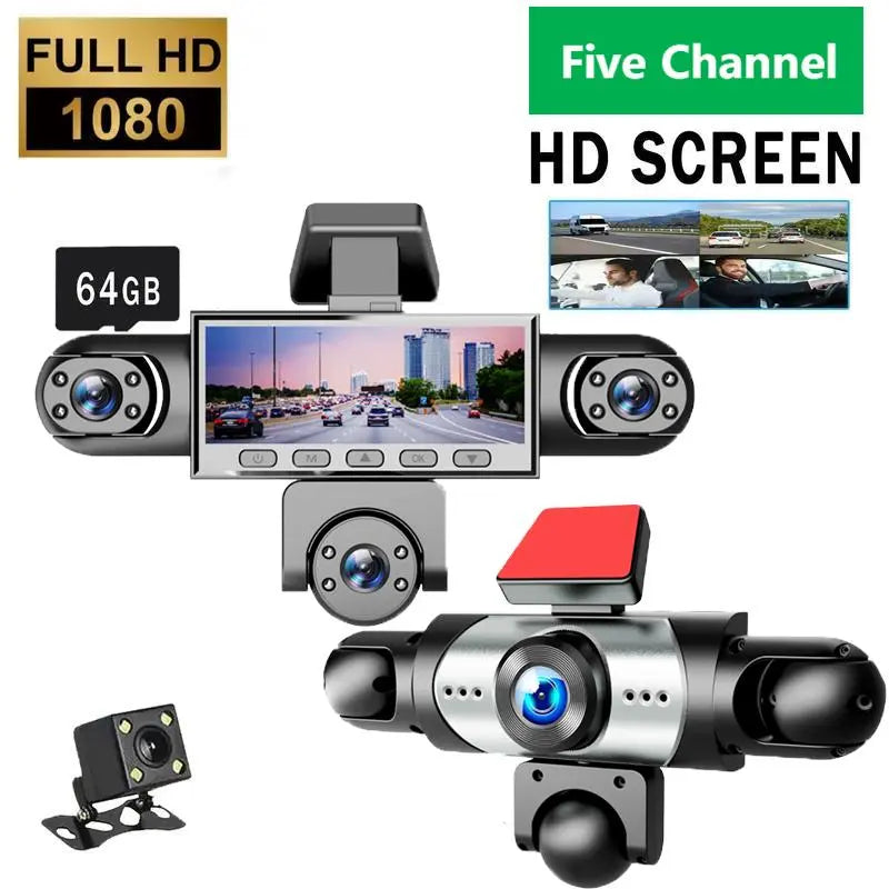 Dash Cam 5 Lens 1080P Full 360 Degree Comprehensive Coverage 5 Channel Camera Front Rear Left Right Inner View Screen Reverse Image Loop Recording Parking Monitor Wide Angle 64GB Storage Vehicle Installed Not Rechargeable Power Sohochic
