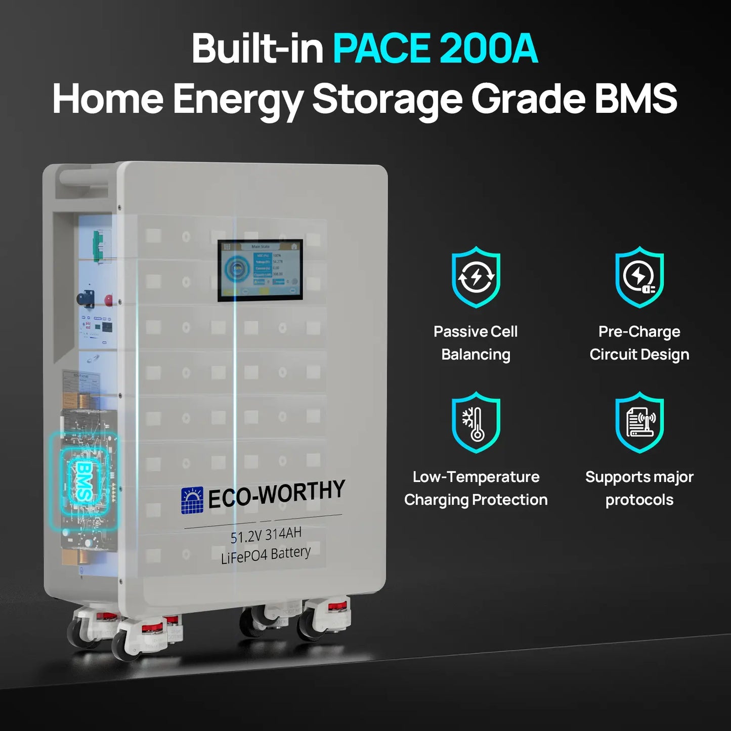 ECO-WORTHY 48V 314Ah Lifepo4 Lithium Battery with Lifepo4 Cells, 16.1Kwh High-Capacity Home Energy Storage, Equipped with Breakers and RS485/CAN/RS232 Interfaces