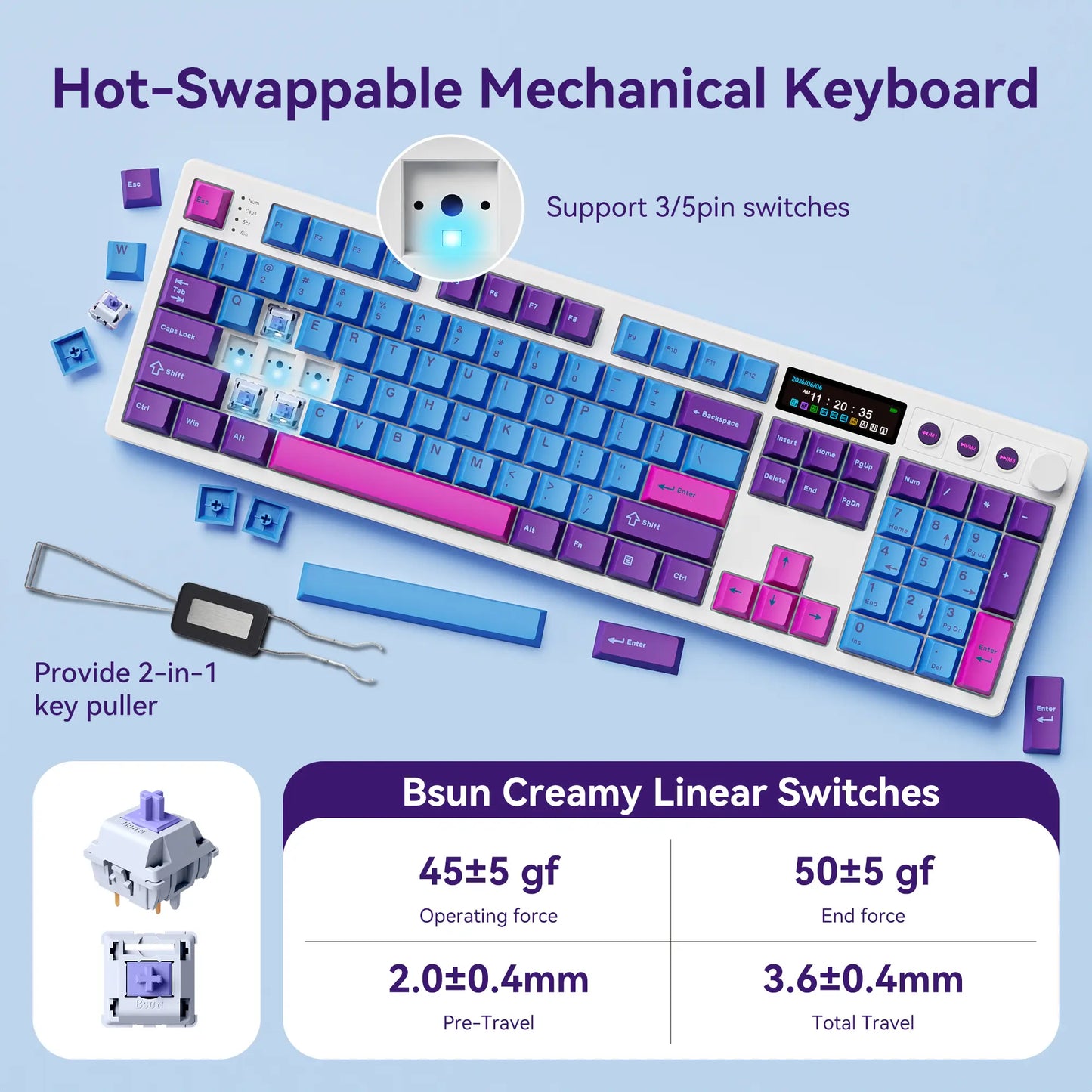BOYI K104Pro Mechanical Keyboard with 2.2" Screen&Media Knob,Qmk/Via Custom Bt5.0/2.4Ghz/Type-C Gasket Mounted Hot Swap RGB Full Size Creamy Wireless Keyboard NKRO Gaming Keyboard