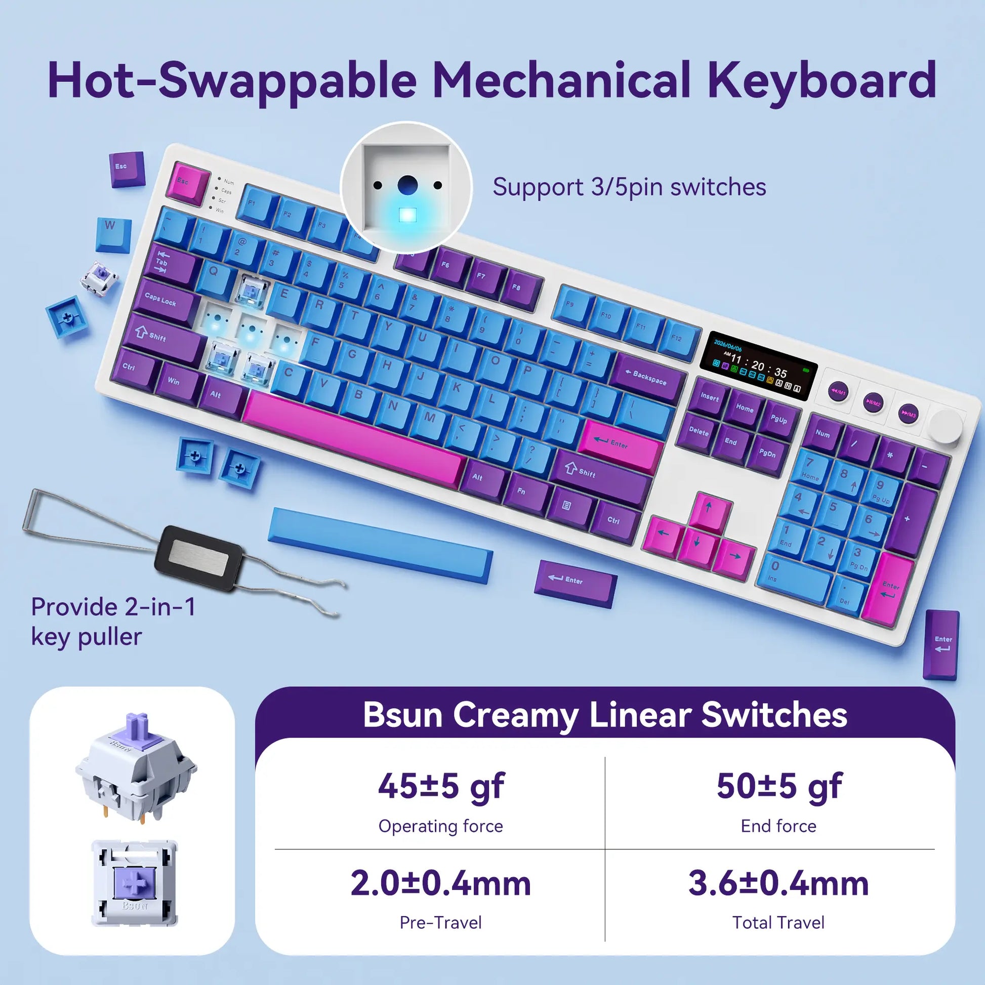 BOYI K104Pro Mechanical Keyboard with 2.2" Screen&Media Knob,Qmk/Via Custom Bt5.0/2.4Ghz/Type-C Gasket Mounted Hot Swap RGB Full Size Creamy Wireless Keyboard NKRO Gaming Keyboard