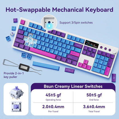 BOYI K104Pro Mechanical Keyboard with 2.2" Screen&Media Knob,Qmk/Via Custom Bt5.0/2.4Ghz/Type-C Gasket Mounted Hot Swap RGB Full Size Creamy Wireless Keyboard NKRO Gaming Keyboard