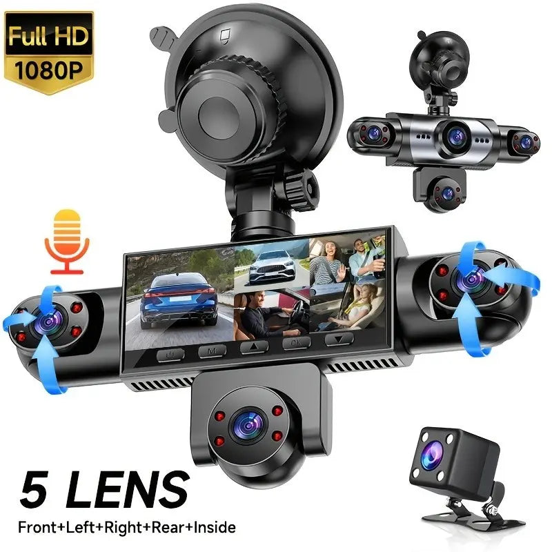Dash Cam 5 Lens 1080P Full 360 Degree Comprehensive Coverage 5 Channel Camera Front Rear Left Right Inner View Screen Reverse Image Loop Recording Parking Monitor Wide Angle 64GB Storage Vehicle Installed Not Rechargeable Power Sohochic