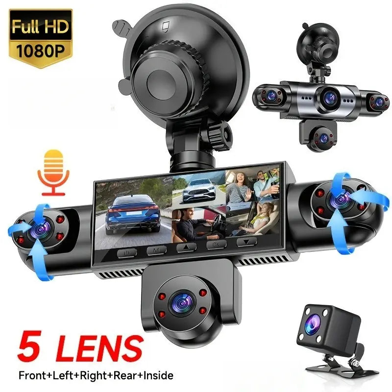 Dash Cam 5 Lens 1080P Full 360 Degree Comprehensive Coverage 5 Channel Camera Front Rear Left Right Inner View Screen Reverse Image Loop Recording Parking Monitor Wide Angle 64GB Storage Vehicle Installed Not Rechargeable Power Sohochic
