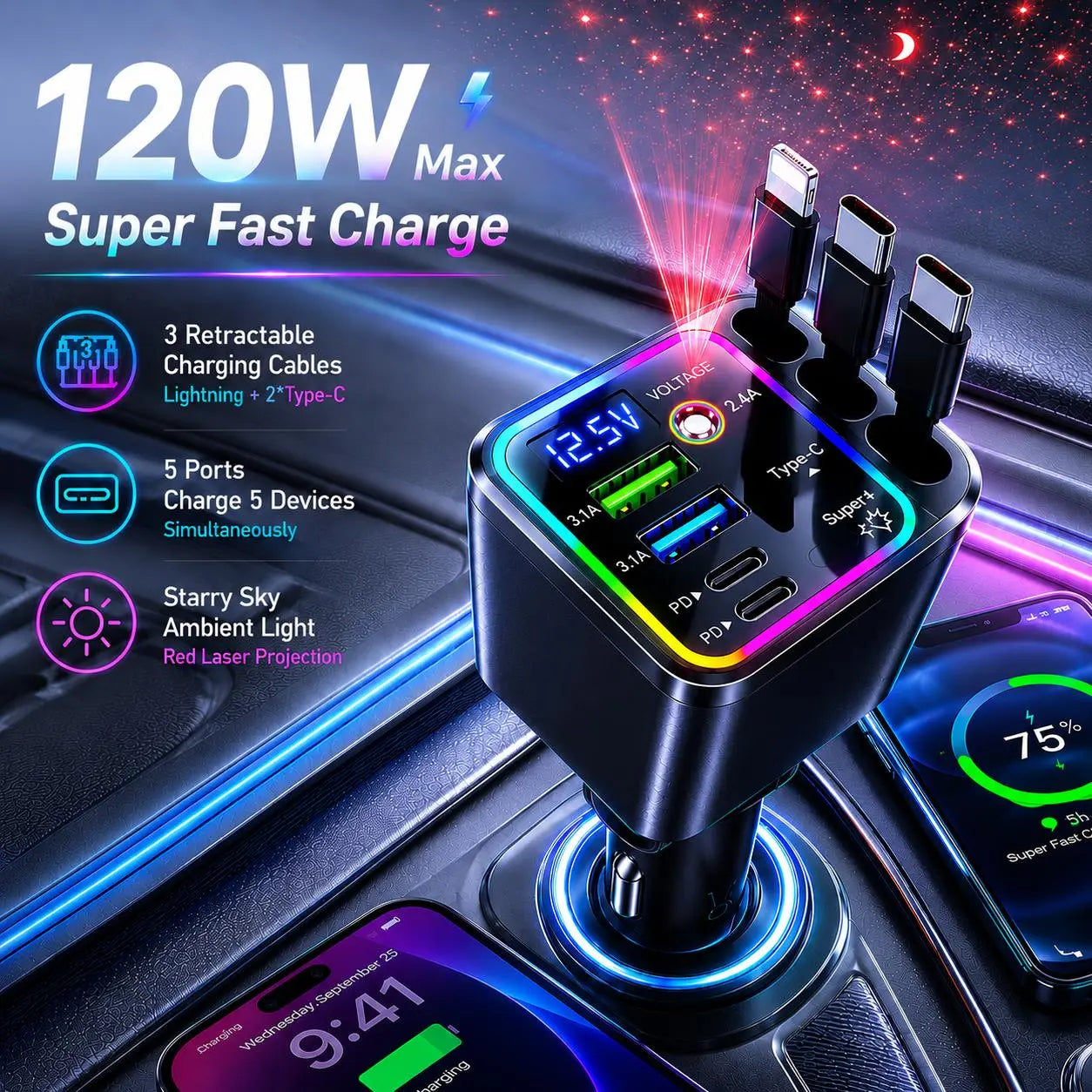 120W Max Multi-Port Charging Power Hub - High Speed Fast Charger, Vehicle/Auto Accessories, PD20W USB-A 65W, Tangle-Free Retractable Cables, Starry LED 1-Click Galaxy Projector for Phone Pad Laptop Car, High Speed Charger, Vehicle Accessories