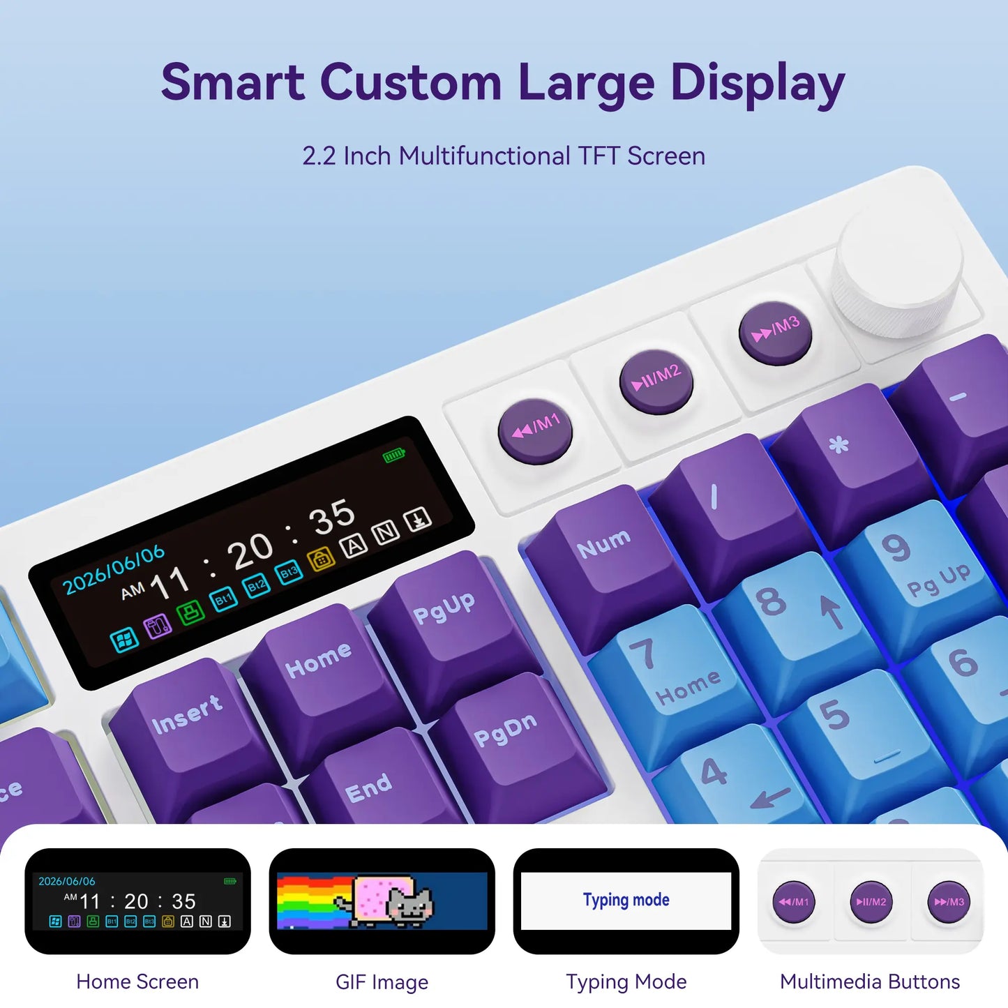 BOYI K104Pro Mechanical Keyboard with 2.2" Screen&Media Knob,Qmk/Via Custom Bt5.0/2.4Ghz/Type-C Gasket Mounted Hot Swap RGB Full Size Creamy Wireless Keyboard NKRO Gaming Keyboard