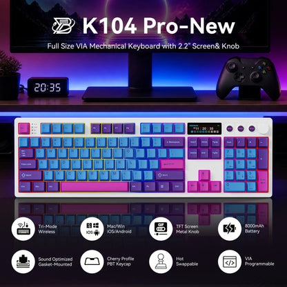 BOYI K104Pro Mechanical Keyboard with 2.2" Screen&Media Knob,Qmk/Via Custom Bt5.0/2.4Ghz/Type-C Gasket Mounted Hot Swap RGB Full Size Creamy Wireless Keyboard NKRO Gaming Keyboard